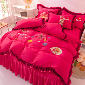 韩式全棉纯棉加厚床裙四件套网红款ins公主风刺绣花被套床罩式4件