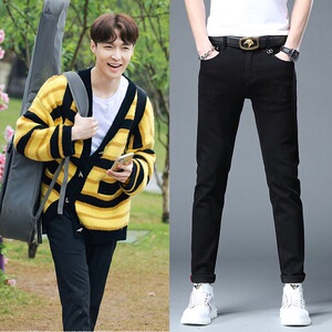 明星张艺兴同款牛仔裤男黑色潮牌修身小脚裤男欧美网红时尚长裤子