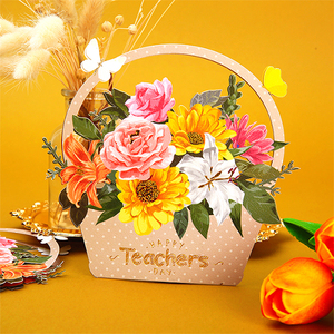 创意教师节花篮对折贺卡 感恩祝福精雕烫金卡片 装饰干花送老师