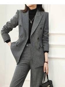 欧美风羊毛西装套装女冬季加厚时尚气质大牌高级感职业灰色毛呢西