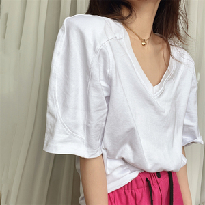 韩国新款 个性大垫肩T恤纯棉半袖立裁设计感2022新款女士白色夏装