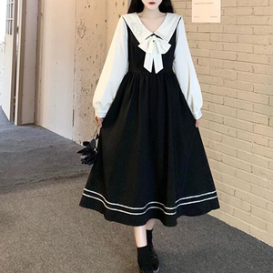 海军领学院风长裙子秋冬大码蝴蝶结校园制服黑白撞色假两件连衣裙