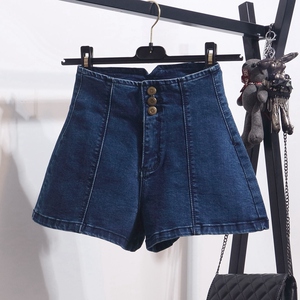 春秋款深蓝色牛仔短裤女设计感小众高腰显瘦小个子显高a字热裤