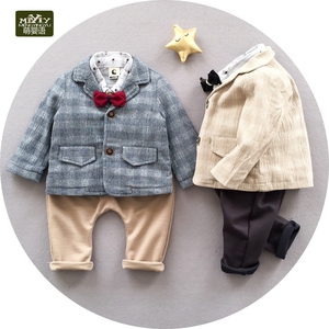 男童小西装套装秋季儿童英伦范西服潮宝宝1岁3婴儿帅气三件套精品