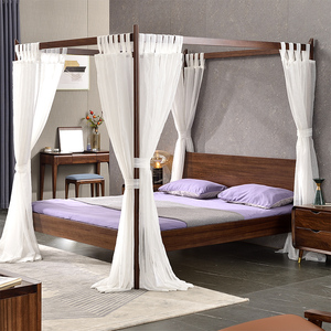 现代轻奢全实木乌金木床酒店民宿原木床高架子四立柱挂床幔蚊帐床