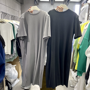 mocha韩国圆领宽松显瘦洋气百褶中长款短袖t恤连衣裙女懒人长裙