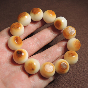 方言精品和田玉巨漏唐河老熟黄沁皮白玉籽料圆珠16mm手链手串h
