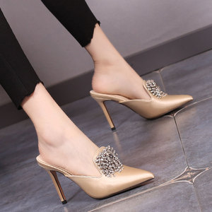 9cm包头半拖鞋女夏外穿时尚细跟尖头水钻凉脱鞋绸缎性感超高跟鞋