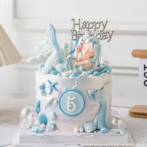 梦幻美人鱼蛋糕装饰摆件贝壳海星海洋公主女孩生日甜品台派对用品