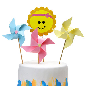 diy简易太阳粉黄蓝风车蛋糕装饰 生日蛋糕插牌 蛋糕摆件蛋糕插旗