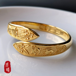 成峰足银【足金桂花双兔双尖】女手镯黄金首饰定制手工纯金
