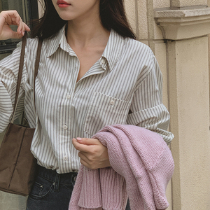 韩国代购正品 crko女装秋季清新文艺范条纹衬衫长袖Polo