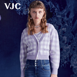 VJC/威杰思秋季女装羊毛格纹针织v领修身短款开衫外套