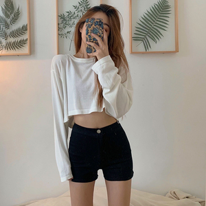 露脐衣服白色t恤女装蹦迪露肚子长袖上衣跳舞宽松漏肚脐高腰超短