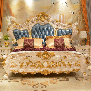 豪华贵族别墅欧式真皮双人床蓝色皮床2米实木雕花高档大床白色1.