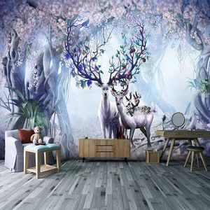 3d立体北欧森林麋鹿墙纸梦幻空间壁画客厅卧室电视背景墙布8D壁纸