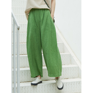 无有善见100%亚麻文艺草绿色趣味口袋松紧腰九分阔腿裤【初苔二】