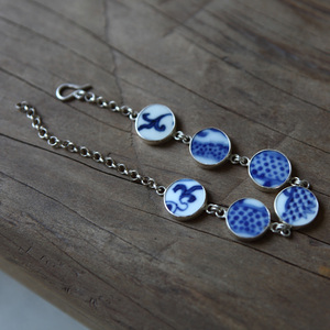 清代光绪官窑青花老瓷片包银边手链 明清青花老瓷片饰品首饰