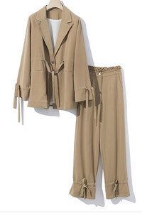 色美2店品质外贸限量多造型系带设计西装外套+长裤女套装