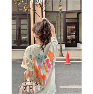 日本代购SLY设计感彩色星星T恤女夏涂鸦立体发泡印花宽松短袖上衣