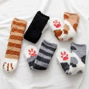 儿童珊瑚绒可爱猫爪潮袜冬季加厚保暖中筒袜小孩睡眠袜防滑地板袜