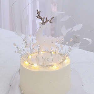 圣诞节水晶麋鹿小鹿蛋糕装饰树叶珍珠蕾丝皇冠女神生日甜品台摆件