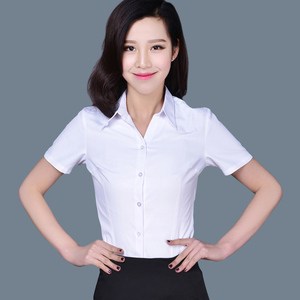 俏可心韩版棉白色女衬衫短袖夏装半袖工装大码衬衣职业女装纯棉衣