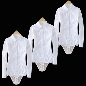 秋冬新款女士长袖连体衬衫弹力防走光连裤衬衣短袖职业装加绒加厚