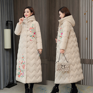 新款中老年女装中国风复古绣花长款棉服大码加厚妈妈装棉袄冬外套