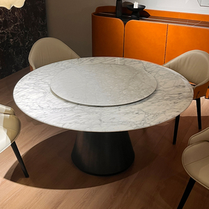 意式极简圆形餐桌设计师奢华别墅轻奢高端中花白大理石带转盘餐台