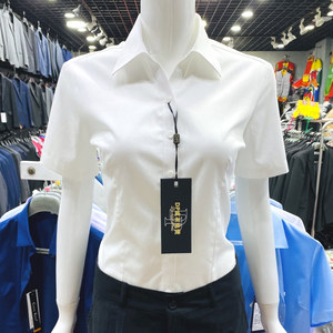 V领纯棉女士短袖白衬衫夏季高端DP成衣免烫商务非修身职业装衬衣