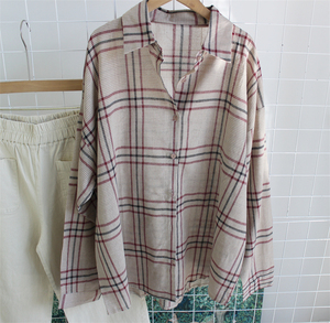 2件包邮 韩国单文艺风衬衫宽松大版型格子长袖衬衣外搭叠穿上衣