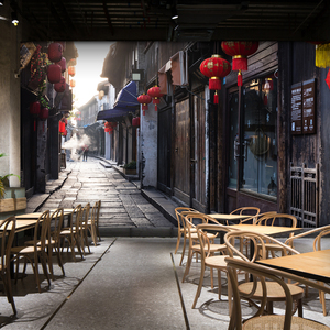 复古怀旧街道四川老成都宽窄巷子壁纸烧烤串串火锅店餐厅饭店墙布
