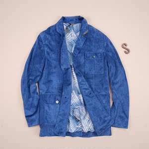 法国泽利zilli 48/52码 男士蓝色麂皮西服领真丝内衬夹克外套