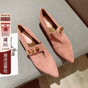 韩版小跟时尚短靴女潮绒面裸靴2024秋款尖头低跟加绒裸粉色及踝靴