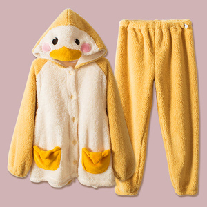 萌趣小黄鸭!日系甜美睡衣女秋冬法兰绒珊瑚绒加厚保暖家居服套装