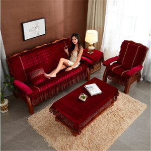 座椅垫老式木头沙发垫套三人罩实木五件套家用毛绒座垫高密度定制