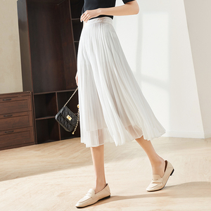 白色雪纺半身裙女夏款气质百搭垂感中长款网纱裙子高腰显瘦百褶裙