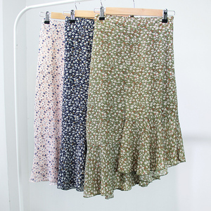 2017夏装新款韩国潮流不规则下摆鱼尾裙碎花雪纺中长裙半身裙