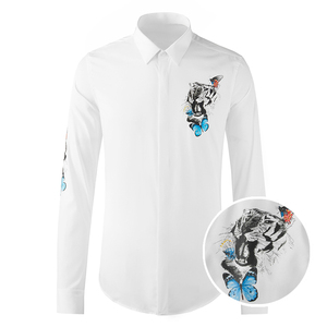 欧美轻奢潮牌春秋中国风蝴蝶老虎修身长袖衬衫男商务休闲潮流衬衣