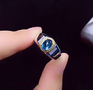 爆款男戒 活口璀璨伦敦蓝 925银镀白金5*7毫米天然托帕石戒指抢购