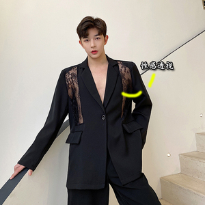 名媛小香风性感西服外套个性蕾丝透视拼接夏季网红款另类小西装男