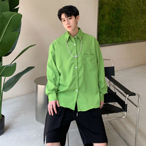 绿色长袖衬衫金属挂件装饰潮男发型师chic网红夏季薄款帅气衬衣潮