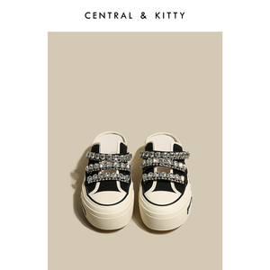 central&kitty厚底黑色水钻帆布凉鞋半拖鞋外穿女夏季包头高级感