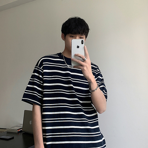 英伦雅痞男装夏天条纹针织短袖夏季撞色男友风t恤小领口半袖上衣