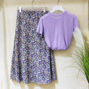 春夏新款小雏菊赫本风紫色中式碎花中长款a字高腰半身裙仙女裙女