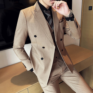韩国东大门秋冬新品男士西服套装韩版商务英伦双排扣西装三件套
