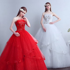 红色婚纱2024新款气质新娘大码显瘦韩式抹胸宫廷婚纱小个子蓬蓬裙