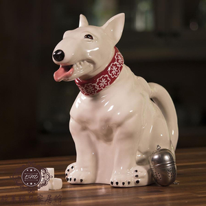 bluesky纯手绘陶瓷牛头梗茶壶布鲁瓷白色斗牛犬凉水壶咖啡壶