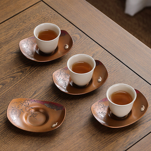 紫铜杯元宝杯托茶碟茶杯托仿古禅风隔热垫功夫茶具茶道配件